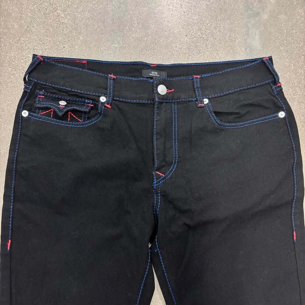 True Religion Geno Big T Relaxed Slim Jeans 36x30 Black Red Blue Stitching